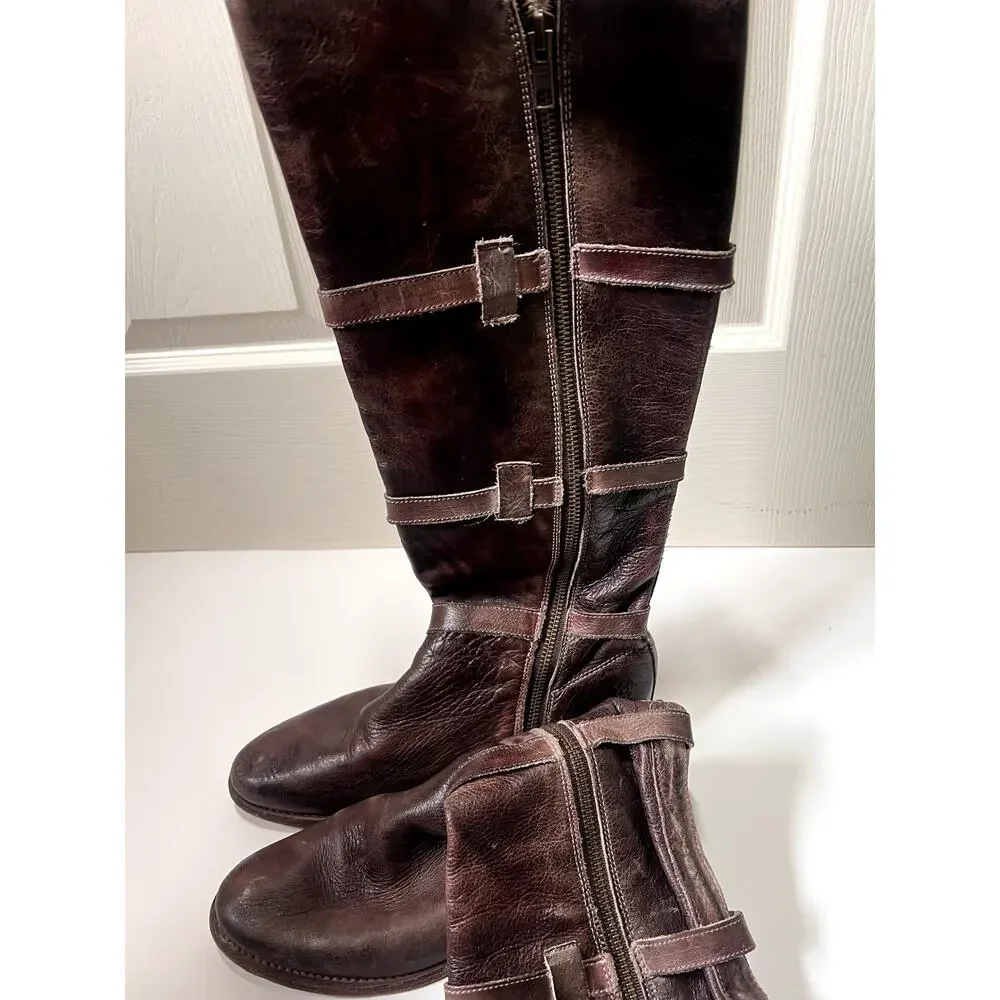 Bed Stu Y2K Buckle Boots Cobbler Series Brown Leather High Calf